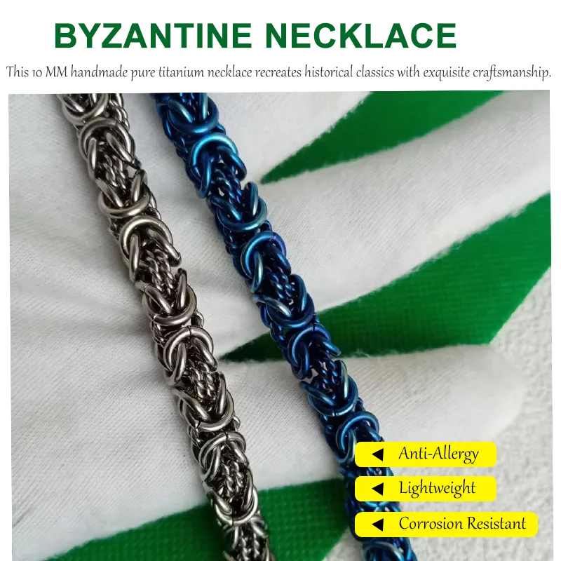 9MM Handmade Pure Titanium Byzantine Necklace Retro Unisex Jewelry Hypoallergenic Fashion Gift