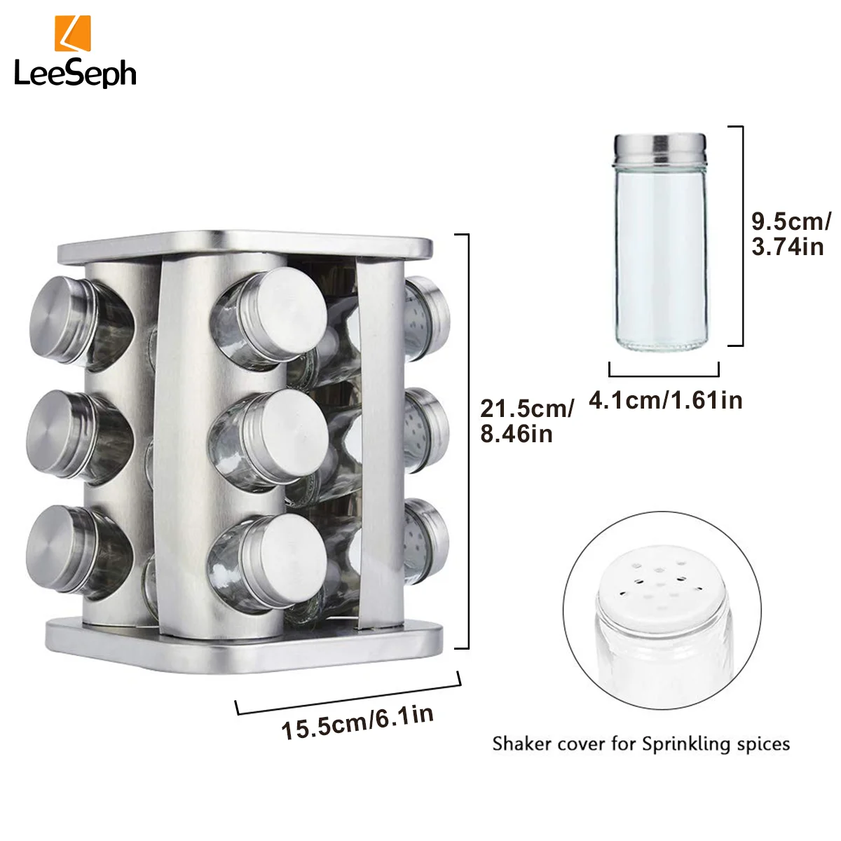 Rotating Spice Rack Organizer with 12 Glass Bottles, Stainless Steel Rotating Seasoning Storage Organizer, Countertop Spice Rack