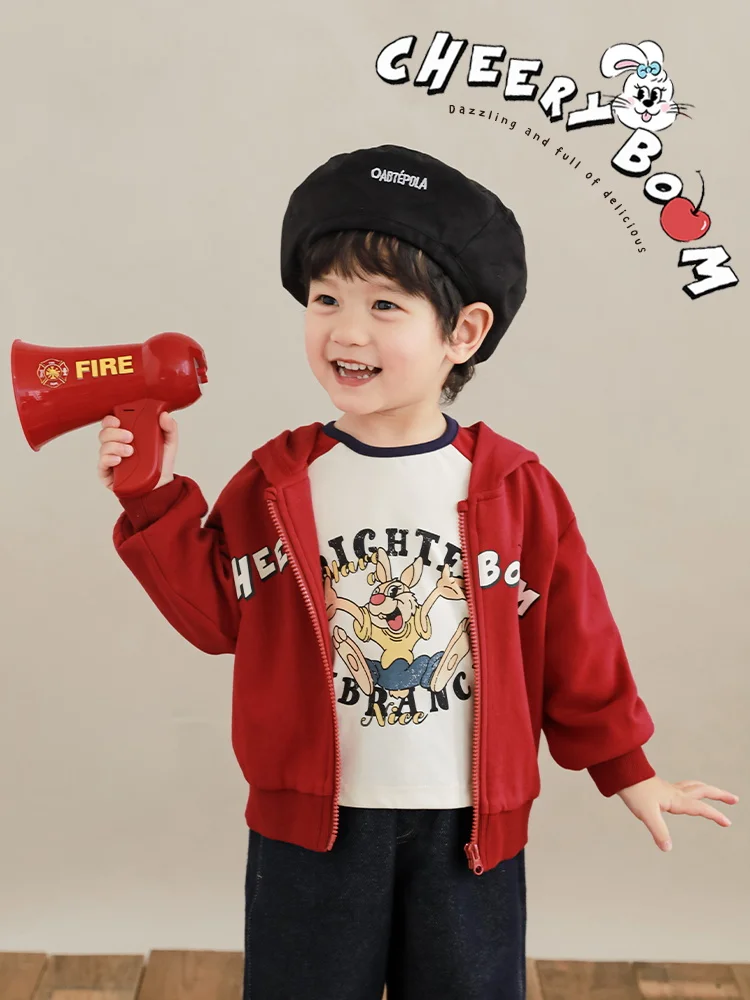 Boys' Cherry Embroidered Printing Casual Sweatshirt Spring New Children's Zipper Coat