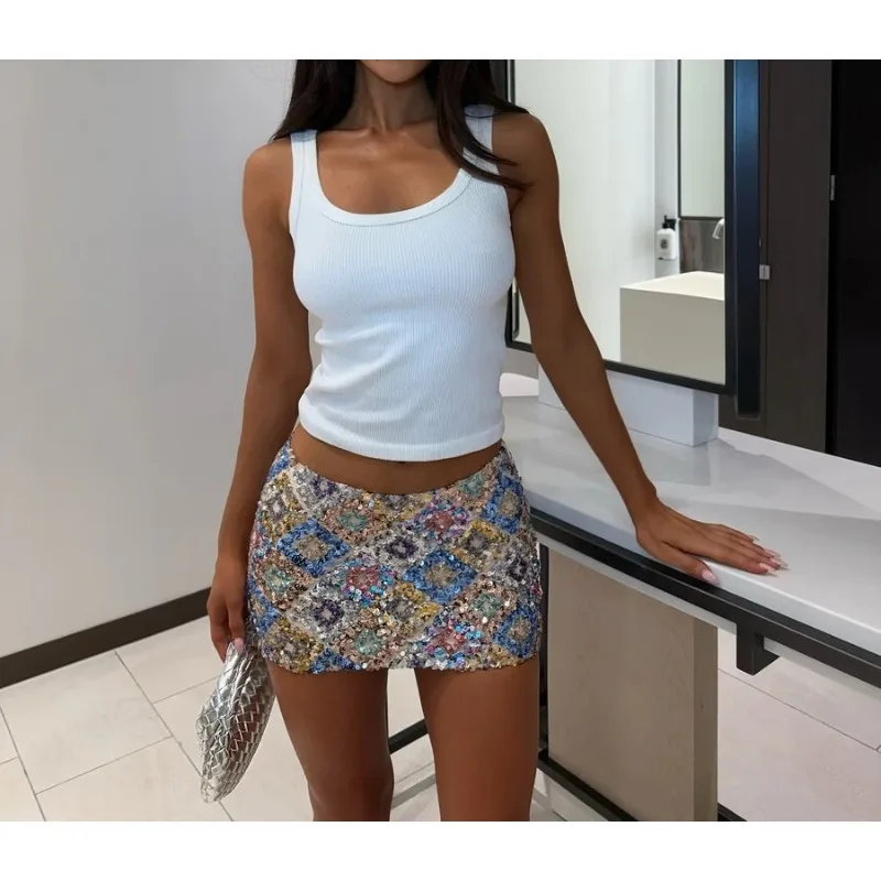 2026 Women's Hip Skirt Sequin Geometric Splicing Short Skirt Slim One-step Skirt