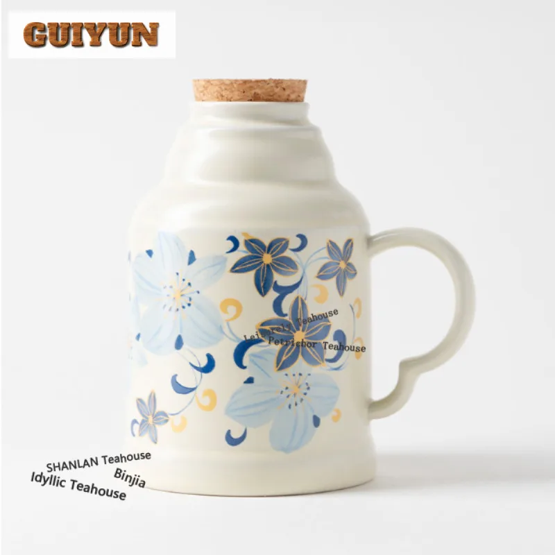 

650ml Hand Painted Lily National Trend Retro Plant Ash Mug Ceramic Small Thermos Tea Infuser Pot Ornaments Business Craft Gifts