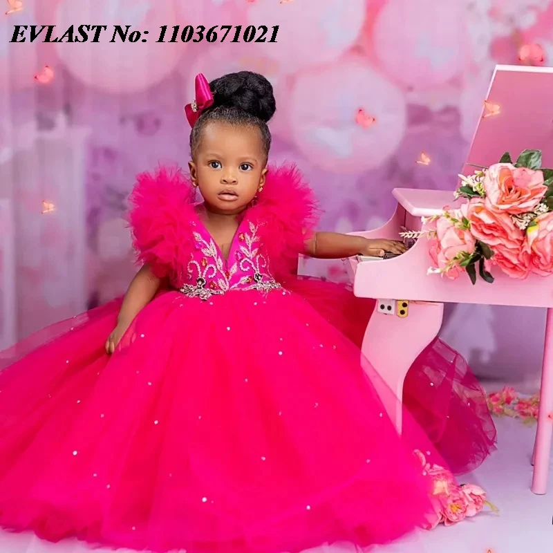 EVLAST Customized Flower Girl Dress Fuchsia Crystals Beaded Tulle Tiered Party Dress for Wedding First Birthday Party Gowns FD07