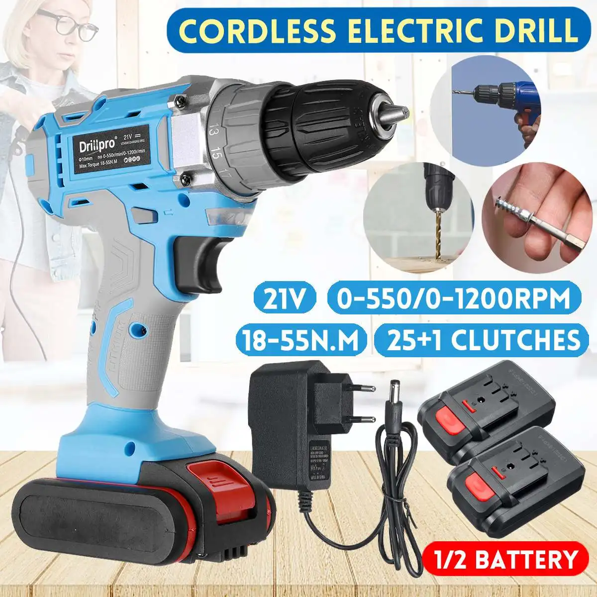 21V 10MM Cordless Drill lithium-ion Battery Electric Screwdriver 25+1 Torque Mini Wireless Power Driver DIY Power Tools