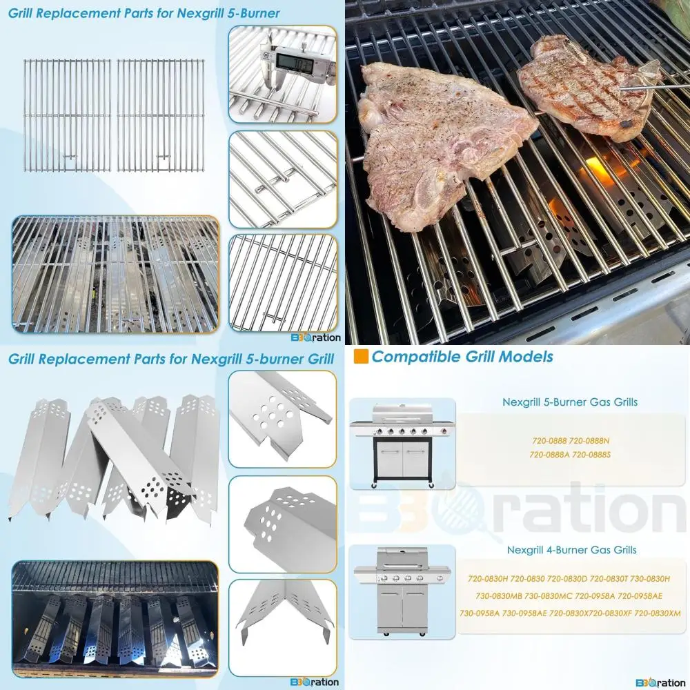 Nexgrill Kit de remplacement de gril à 4 brûleurs : boucliers thermiques et grilles de cuisson pour les modèles 720-0888S, 720-0888N, 720-0888, 720-0830H, 7