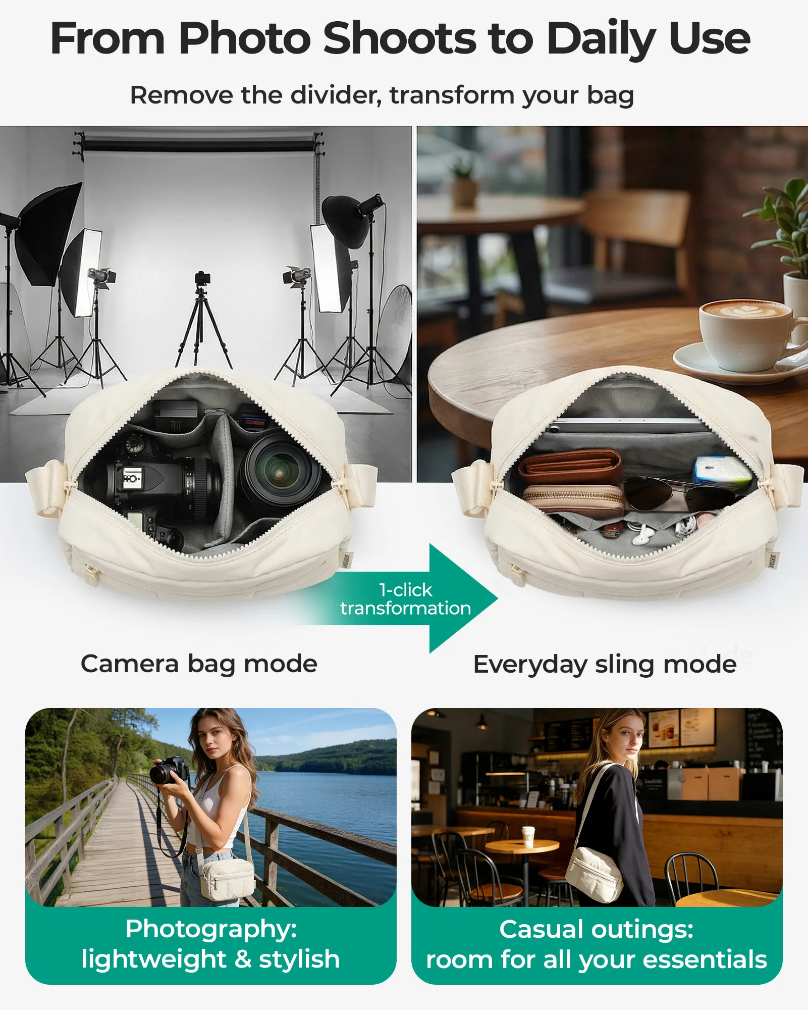 BAGSMART 2 w 1 Puffy Camera Sling Bag Mała torba na ramię do aparatu DSLR SLR Mirrorless Crossbody Etui na aparat fotograficzny — zdjęcie produktu 6