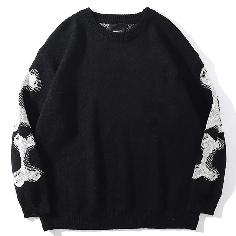 Men Oversized Sweater Black Loose Bone Print Women Vintage Retro Knitted Sweater 2024 Autumn Cotton Pullover Unisex