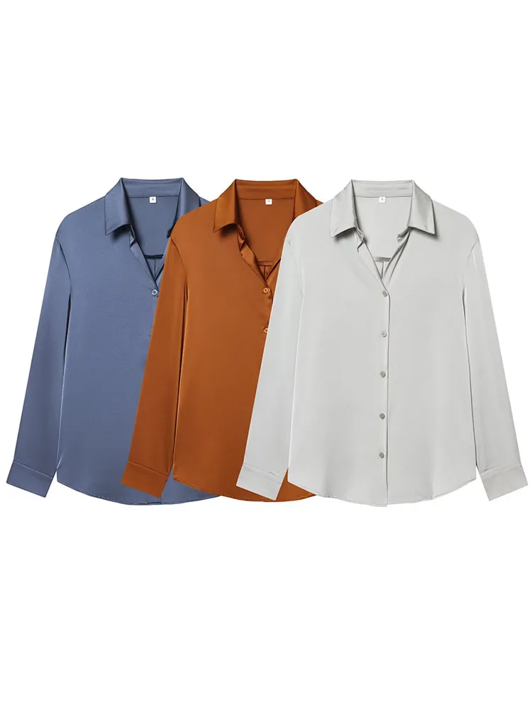 

HH Women's Fashion Versatile 3-Color Lapel Satin Textured High-End Shirt Female Casual Single-breasted Long-Sleeved Shirt Mujer