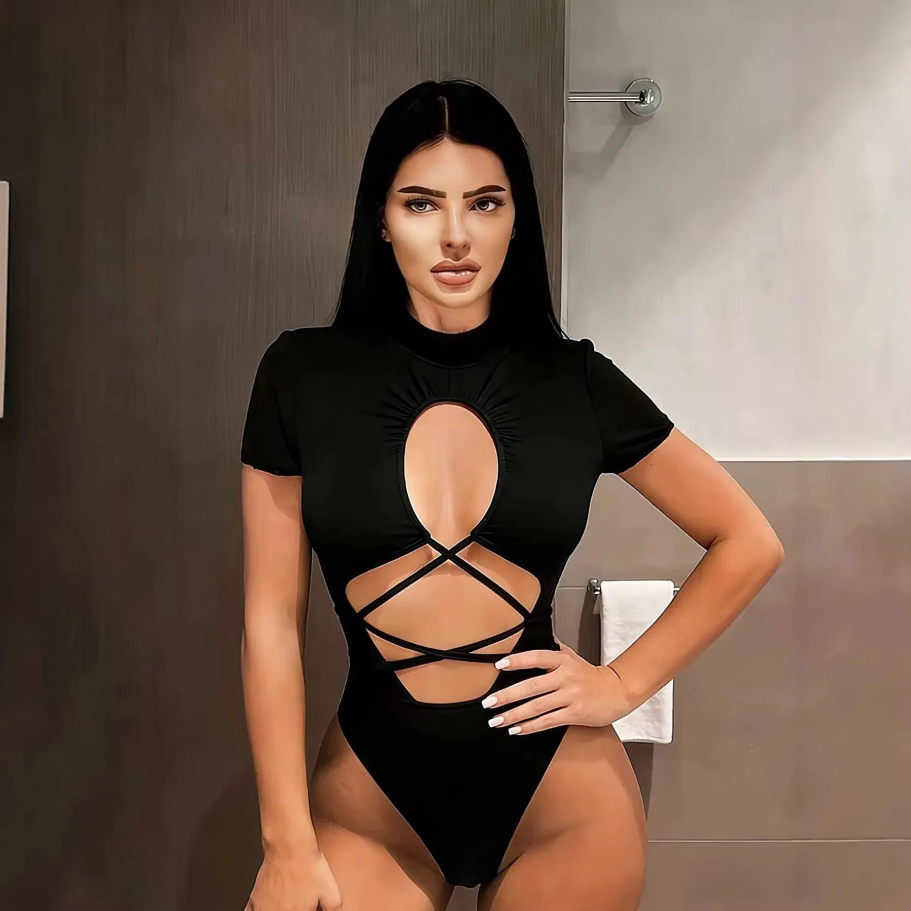 STYLISH LADY Black Cutout Lace Up Short Sleeve Bodysuit 2026 Summer Women Sexy High Neck Back Tie Slim Fit Club Party Jumpsuit