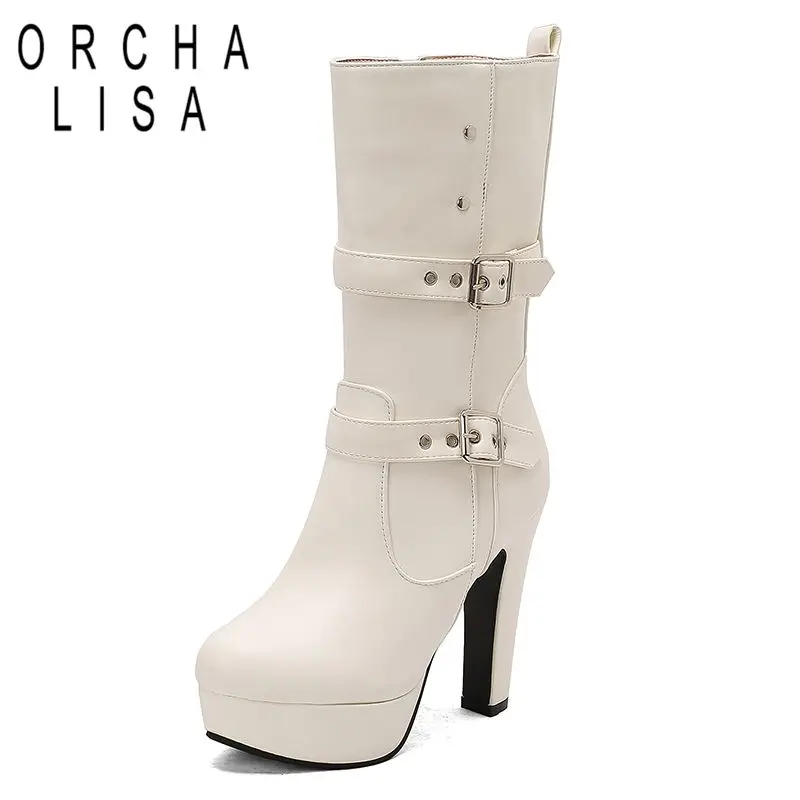 

ORCHA LISA Fashion Winter Mid Calf Boots for Women Round Toe Block Heels 12cm Platform 3.5cm Zipper Metal Decoration 47 48 49 50