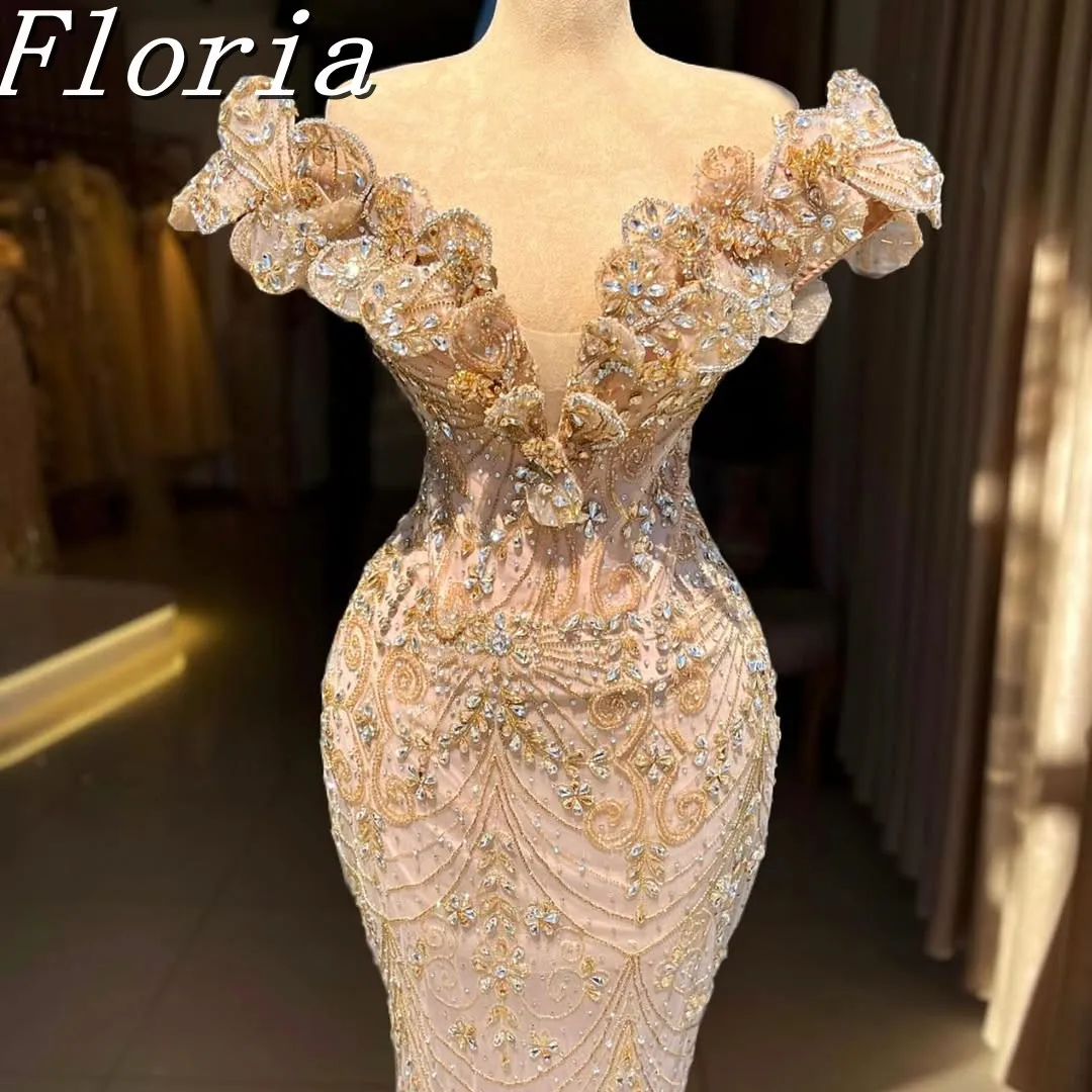 

Modern Champagne 3D Flower Design V-Neck Mermaid Evening Dresses Strapless Long Prom Dress Party Gown Customized