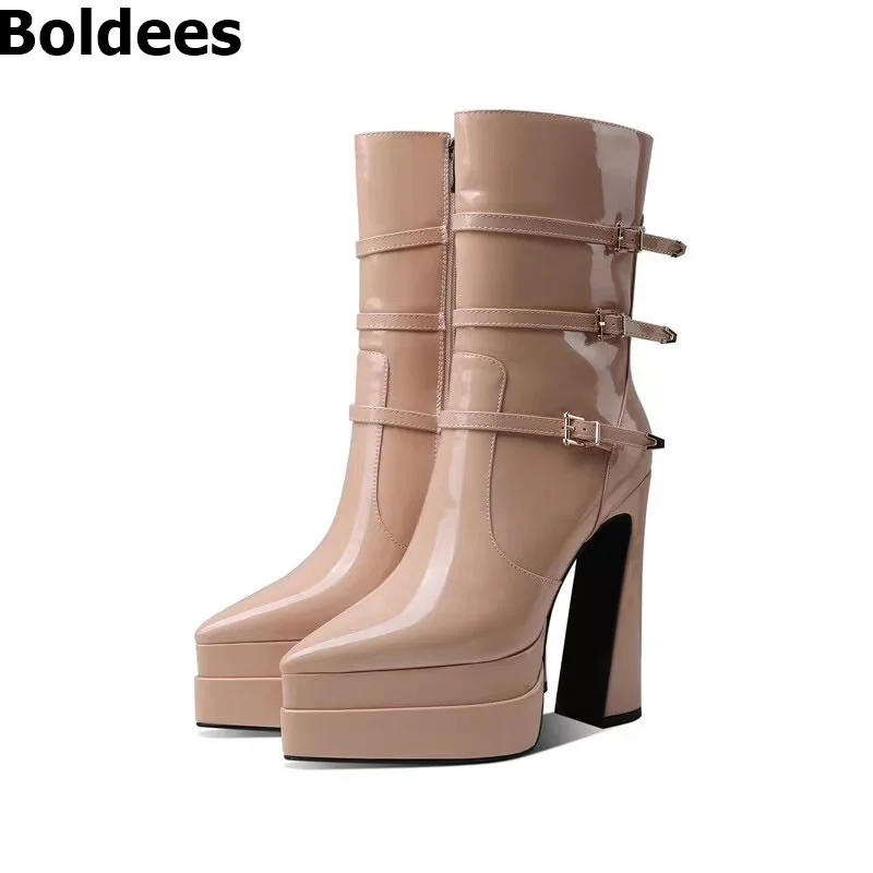 

Patent Leather Pointed Toe Double Platform Chunky Heeled High High Boots Women Side Zipper Short Boots