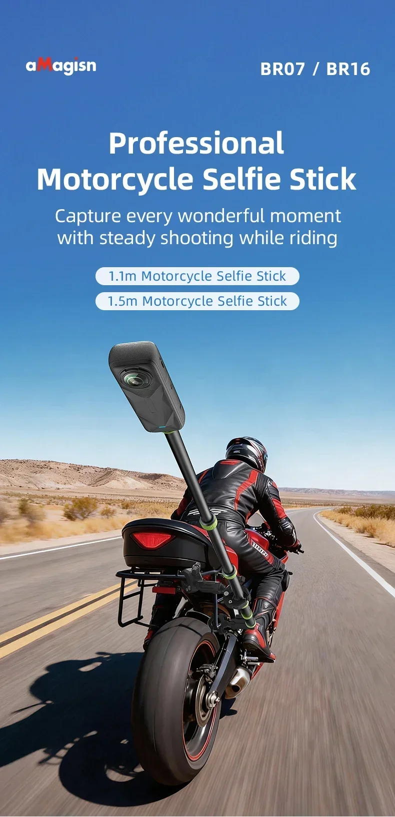 aMagisn 1,5 m (59,0 Zoll) / 1,1 m (43,3 Zoll) Motorrad-Selfie-Stick für GoPro DJI Insta360, 1/4 Zoll unsichtbare Teleskopstange – Detail 1