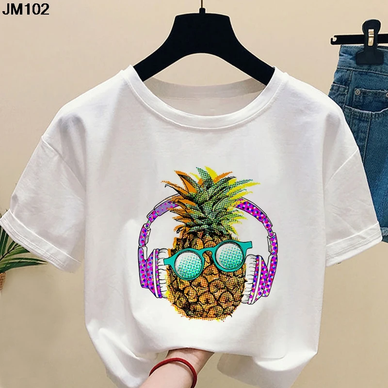 Harajuku Women's Funny Pineapple Print Tshirt Summer Fashion Fruit Strawberry Pattern Short Sleeve Top Female T Shirt Ladies Tee