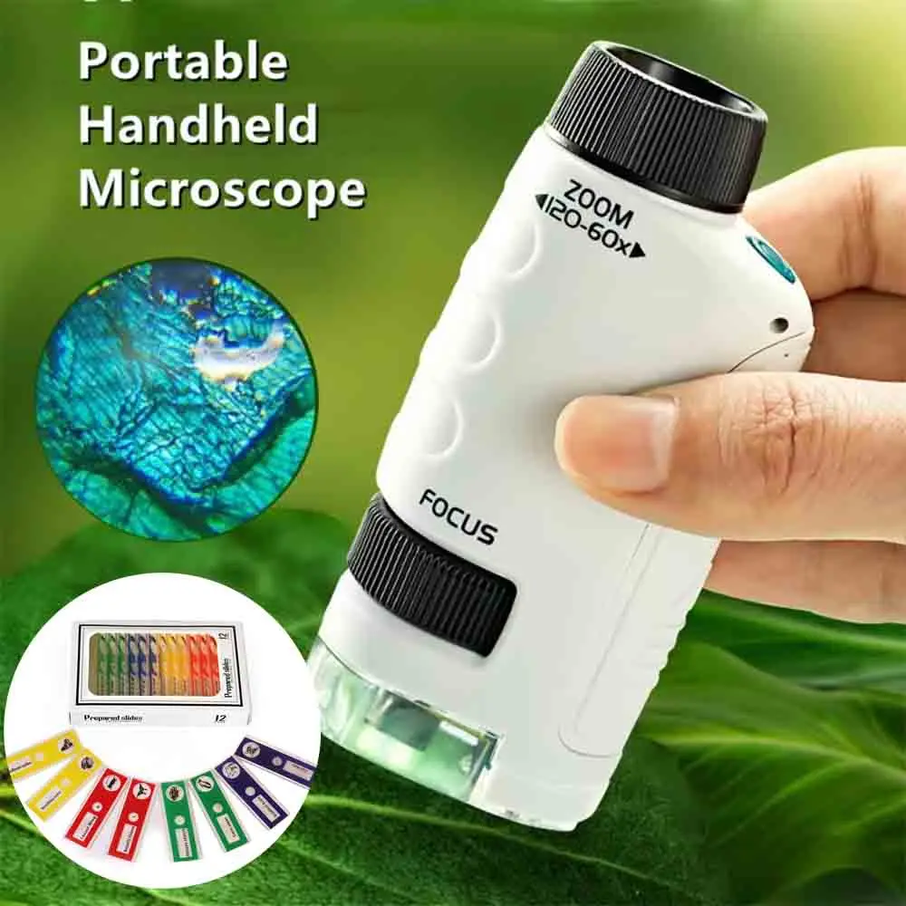 กล้องจุลทรรศน์พกพาขนาดเล็ก 60-120 เท่า ชุดของเล่นวิทยาศาสตร์สำหรับเด็ก กล้องจุลทรรศน์แบบมือถือพร้อมไฟ LED ของเล่นเสริมพัฒนาการสำหรับเด็กเล่นกลางแจ้ง
