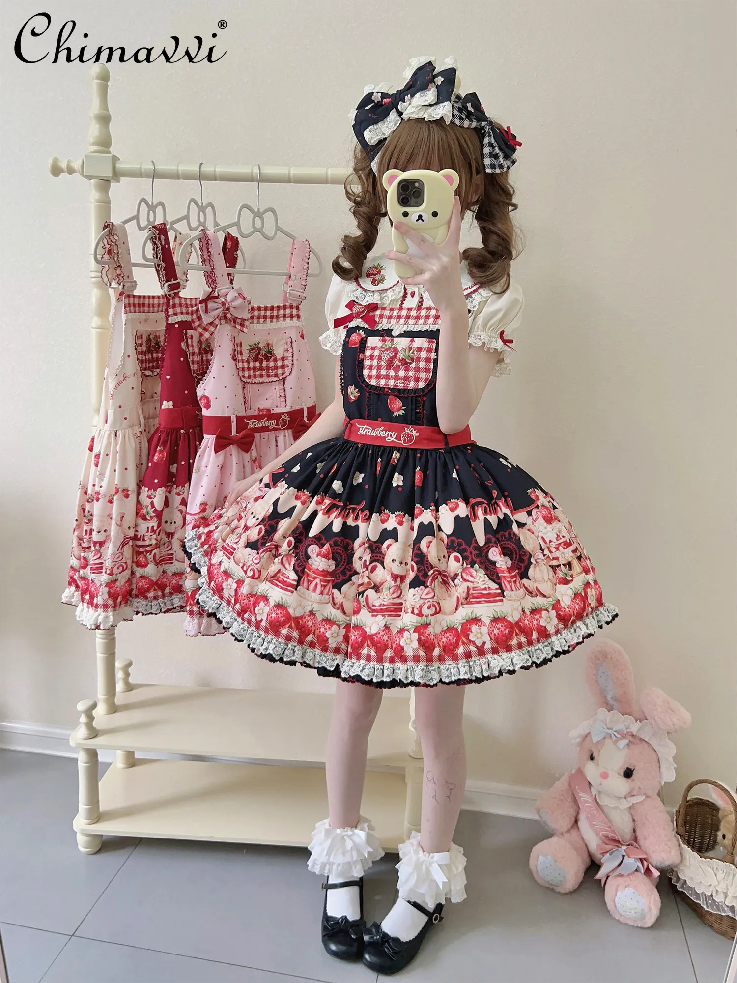 

Original Cute Girly Velvet Strawberry Suspender Lolita Dress New 2026 Spring Summer Sweet Strawberry Print Kawaii Lo Dresses