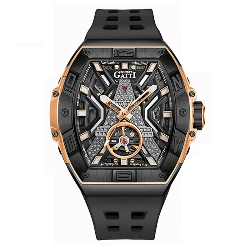BONEST GATTI Orologio automatico da uomo Orologio da polso meccanico Tonneau di lusso Impermeabile Zaffiro Luminoso Cinturino in gomma fluorurata Scheletro