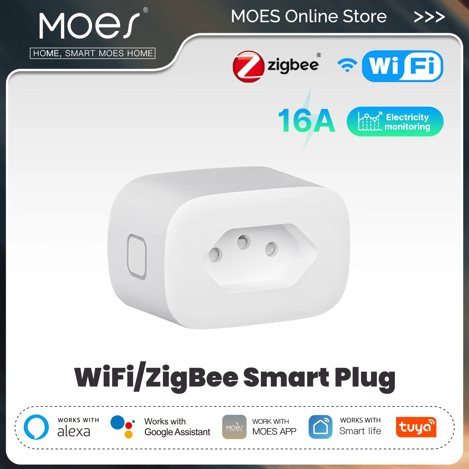 

MOES 16A Smart Plug Tuya WiFi/Zigbee Brazil Version Socket Electricity Monitoring Fireproof App Control With Alexa Google Home