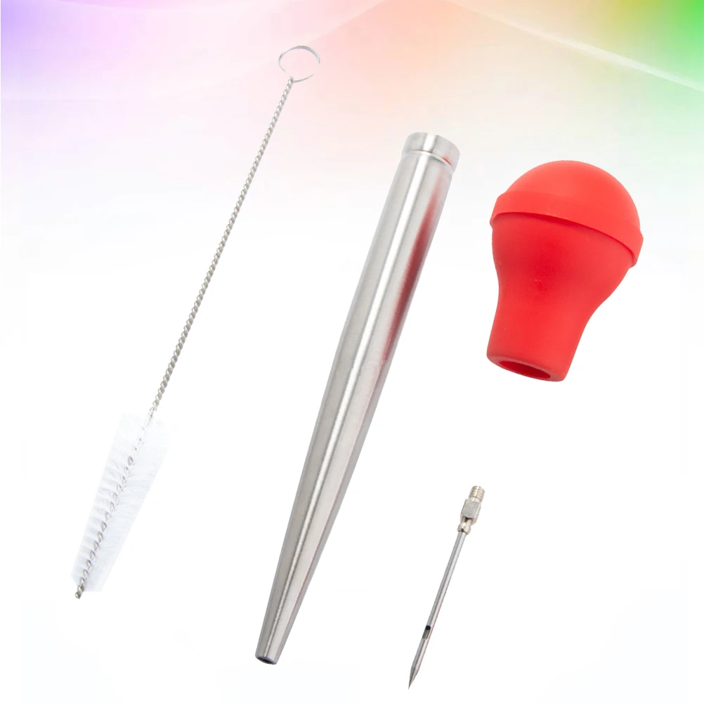 

1 set Stainless Steel Seasoning Tools Set Red Turkey Baster Cleaning Brush Drip Oil Marinade Pump For Meat Fish Bbq Kitchen Use