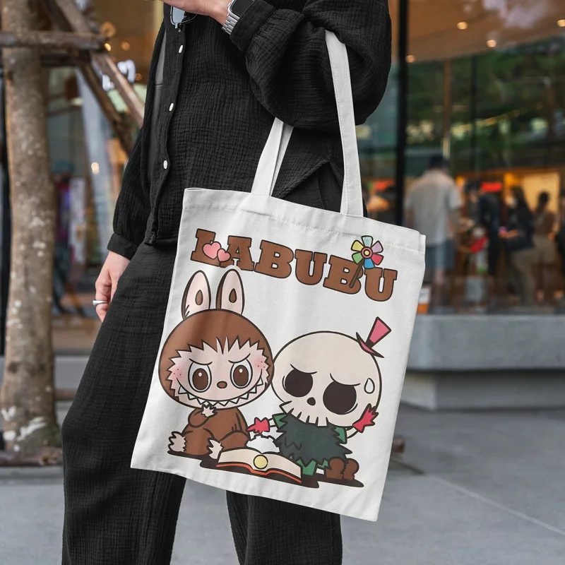 The Monster Labubu Canvas Bag College Female Cute Cartoon Shopping HandBag Lisa Same Casual Student Anime Shoulder Bag FJ07A