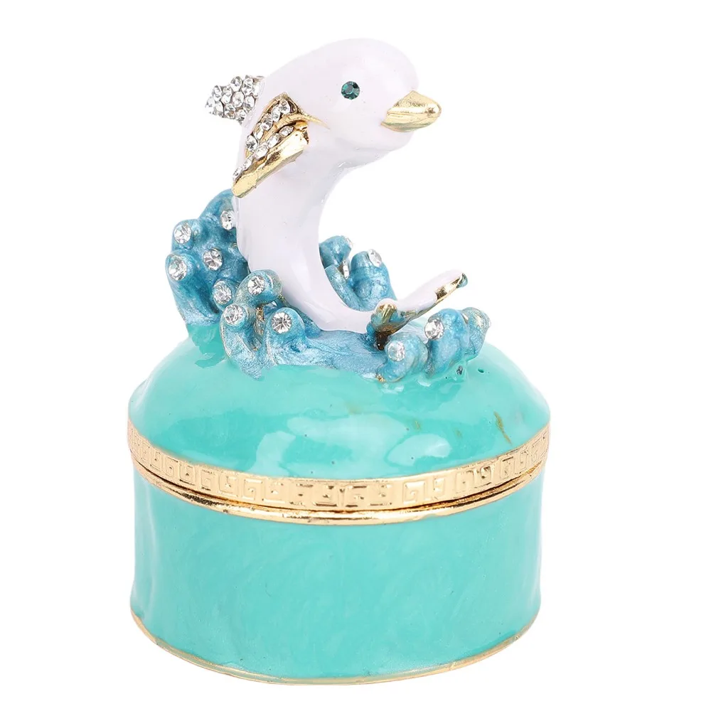 Rhinestone Decor Dolphin Jewelry Box Hinged Lid Round Shape Rhinestone Storage Box Dolphin Motif Hand Painted Jewelry Box