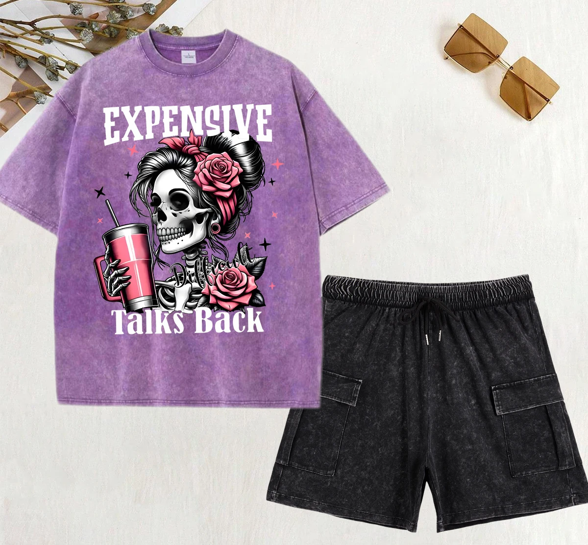 Expensive Talks Back Funny Printed Women Washed T-Shirt Sets O-Neck Summer T Shirt Pocket Cool Short Pants Cotton Casual Clothes