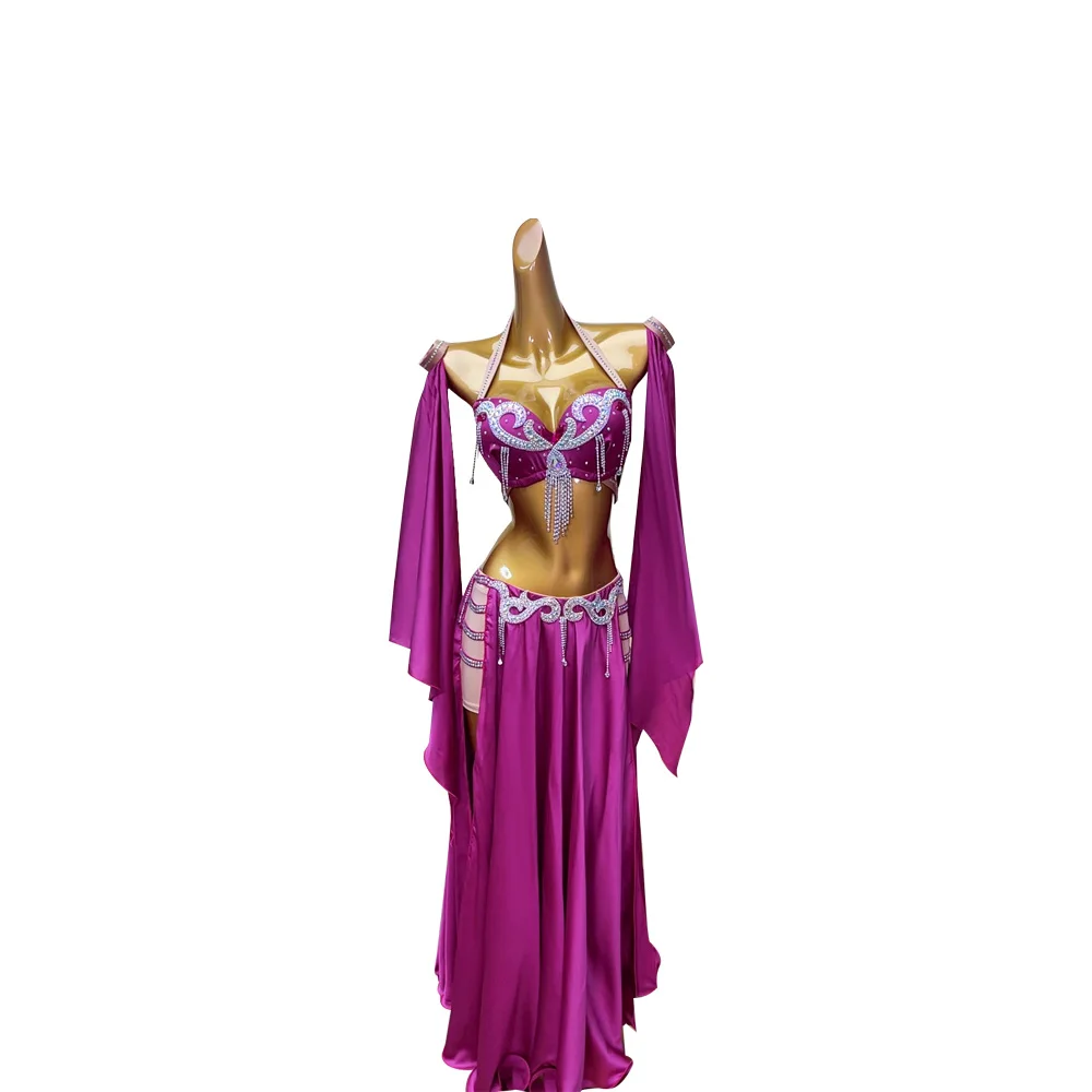 Costume de danse du ventre AB Stone pour femmes et enfants, jupe fendue haut de gamme Rose rouge, Performance Samba, robe Flash haute