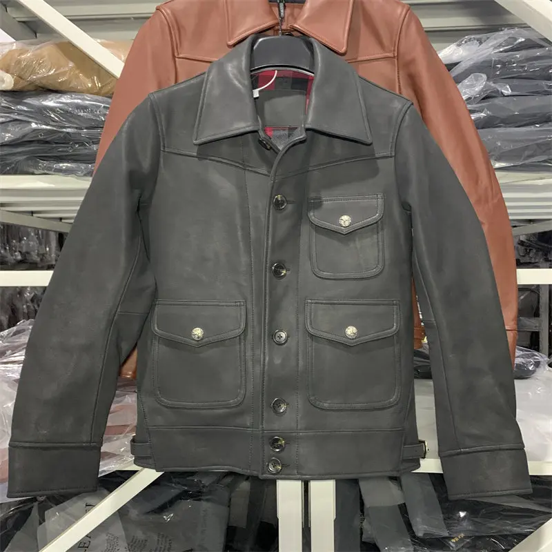 Men RL‑Style Three‑Pocket Denim‑Style Imported Top‑Grain Cowhide Leather Jacket Oval Pocket Genuine Leather Coat