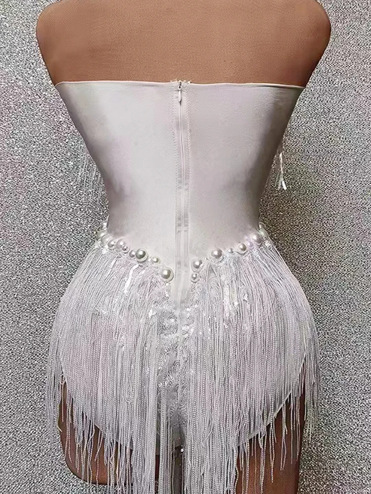 Leotardo con borlas y lentejuelas brillantes para mujer, traje de club nocturno, traje de bailarina y cantante, ropa de escenario, mono de actuación Sexy