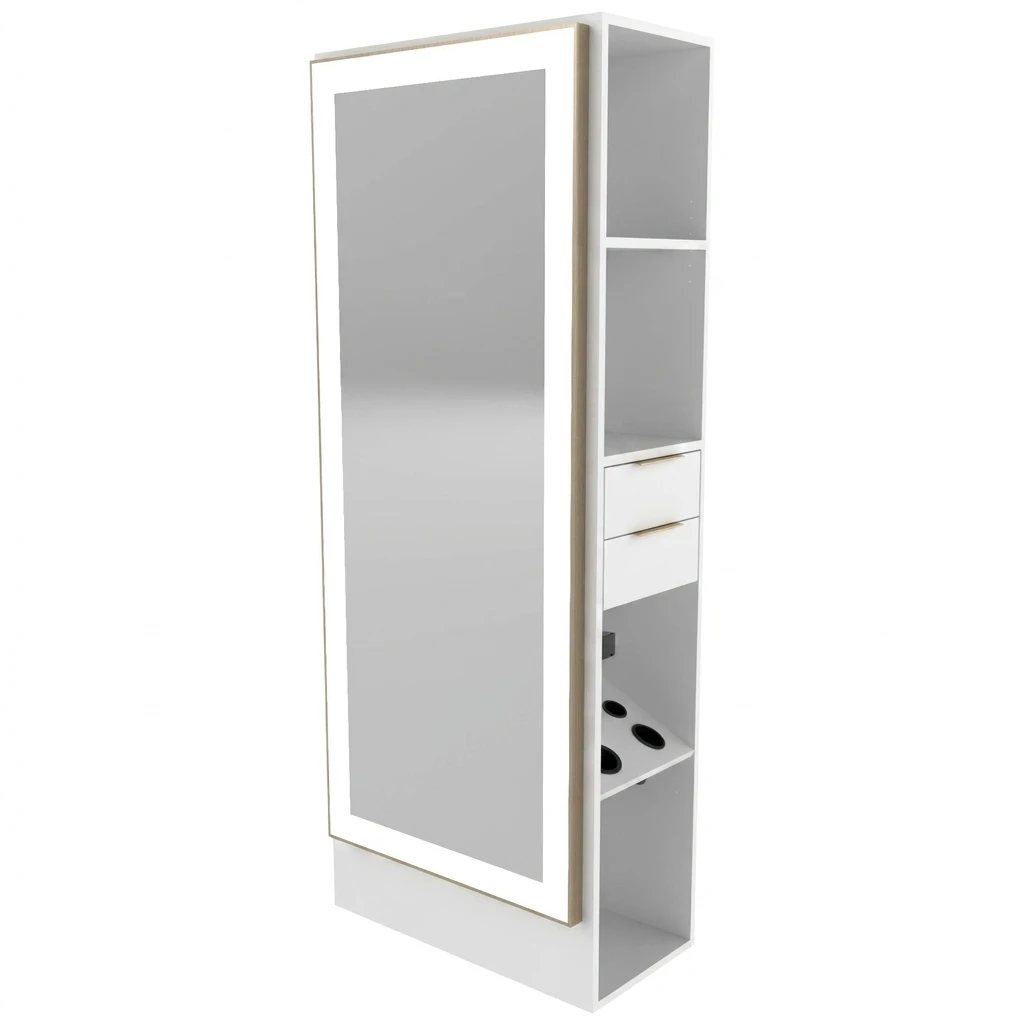 Salon furniture, barber shop double-sided stainless steel LED styling mirror table mirror light, multiple storage spaces