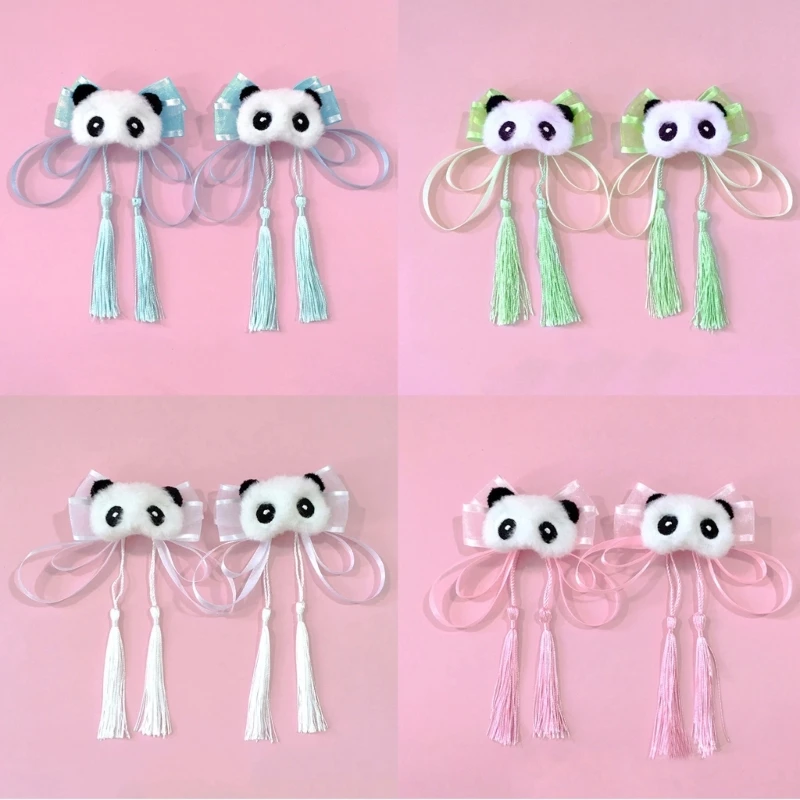 Y2K Panda Hair Clip for Girl LolitaStyle Bowknot Tassels Hairpin Hanfu Costume Barrettes Anime Subculture Hair Accessory