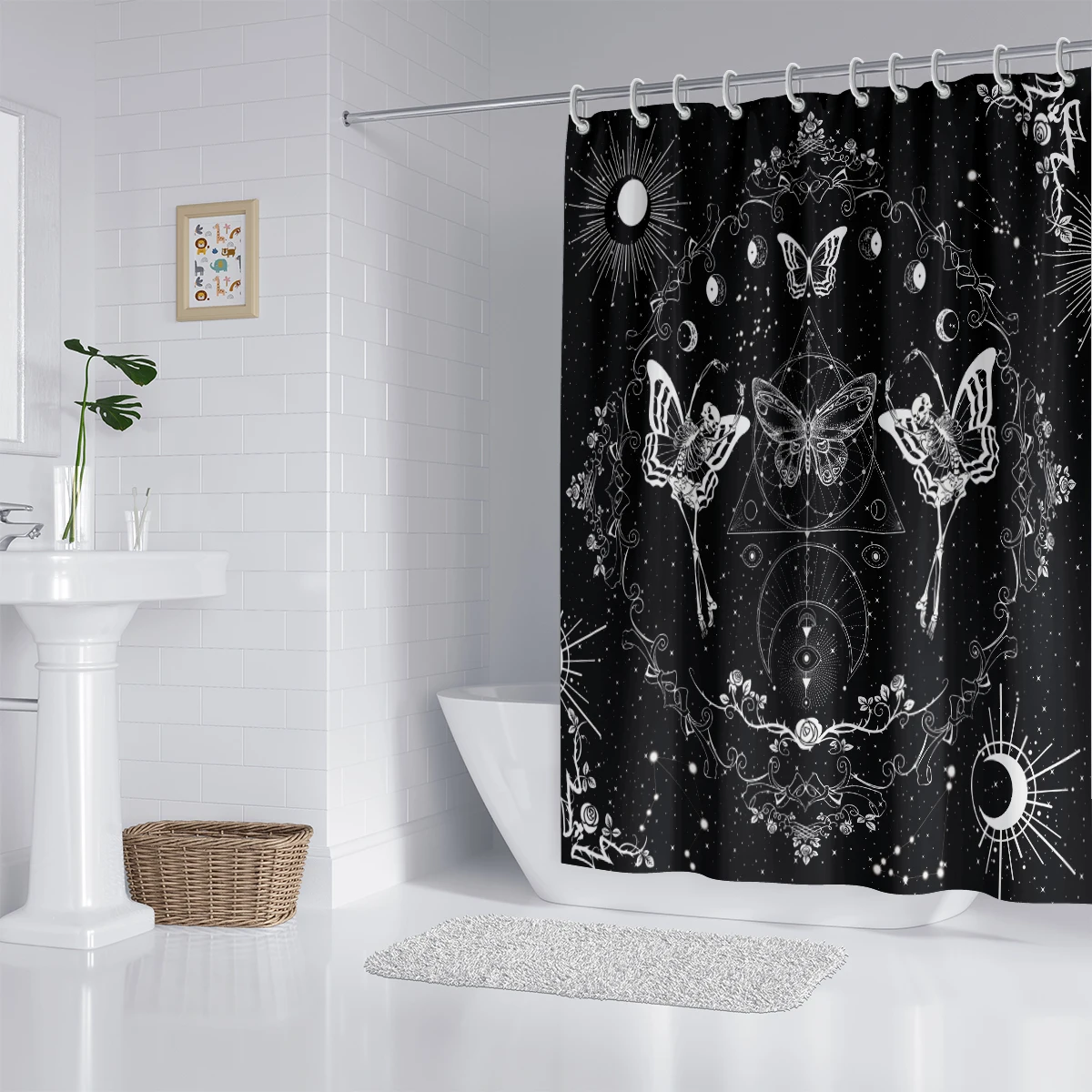 1PC skull and butterfly, Gothic style shower curtain, waterproof, washable, with 12 hooks, bathroom shower, bathtub, home use