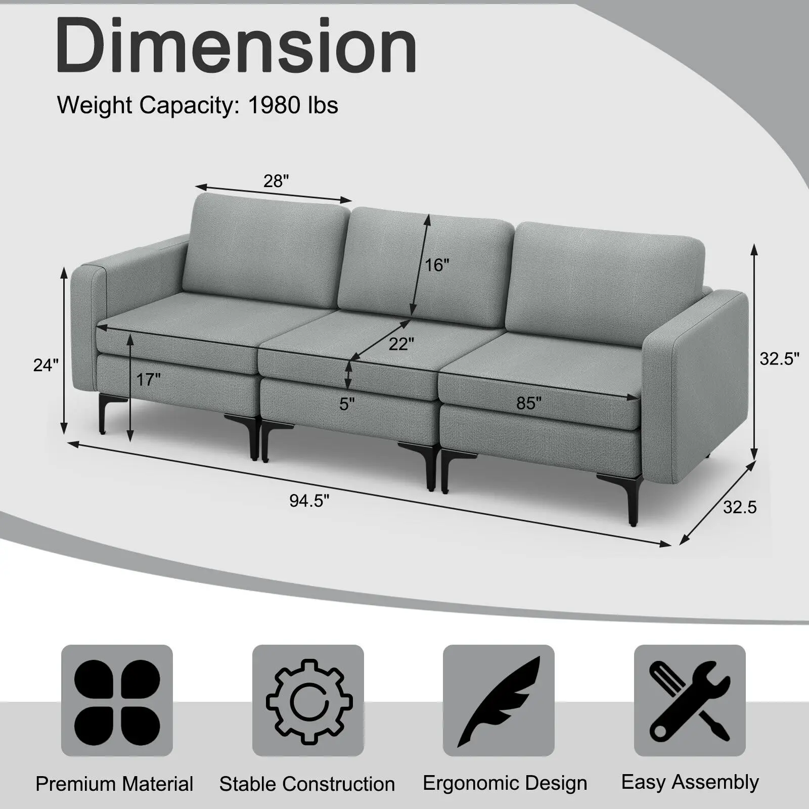 Costway Modern Modular 3-Seat Sofa Couch w/ Side Storage Pocket & Metal Leg Dark Grey