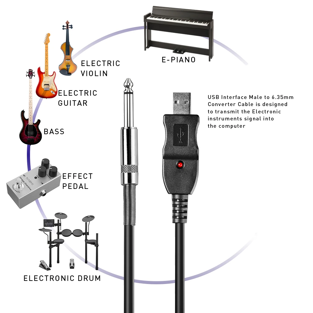 3M Guitar Bass 1/4\'\' USB TO 6.3mm Jack Link Connection Midi Cable Guitar Bass To USB Link Instrument Cable PC Record Leads