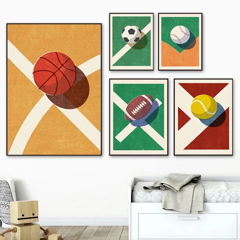 1PC frameless decorative art print,Canvas Painting Wall Art Vintage Sport Balls Posters Volleyball Basketball Soccer Billiards P