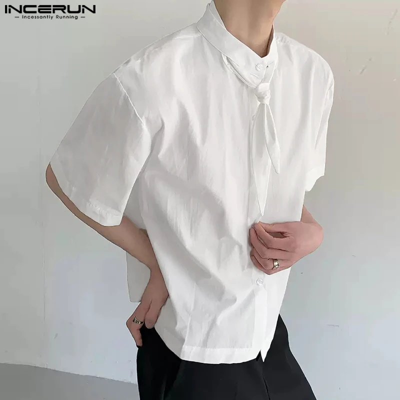 

INCERUN Men Shirt Solid Color Korean Style Summer Stand Collar Short Sleeve Men Clothing Streetwear Loose 2025 Fashion Male Tops