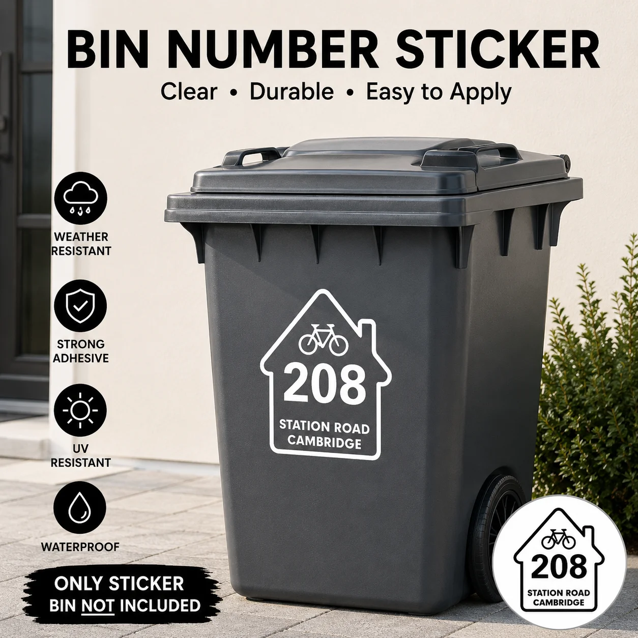 Custom Bike Icon Wheelie Bin Number Sticker, Waterproof UV Weather Resistant Vinyl Decal, Strong Adhesive Address Label For Outd