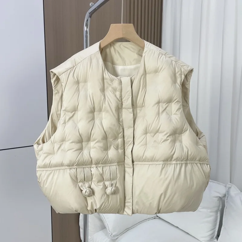 

Autumn Winter Warm O-neck Solid Down Vest Female Pocket Quilted Zipper Sleeveless Waistcoats Women White Duck Down Casual Vests