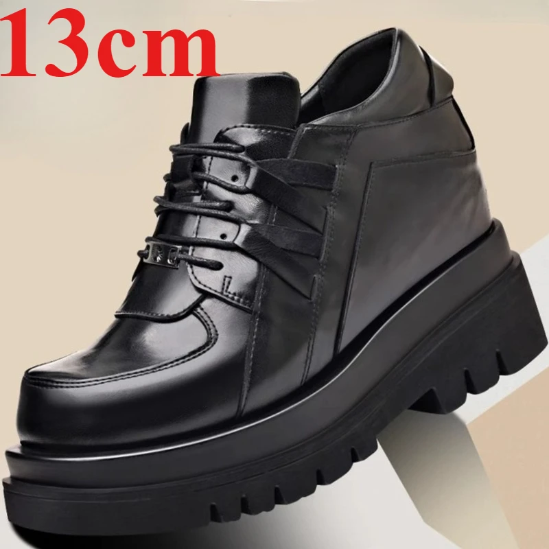 Extra High 13cm Thick Soled Height-increasing Shoes for Men's Denim Casual Leather Shoes British Business Inner Elevator Shoes