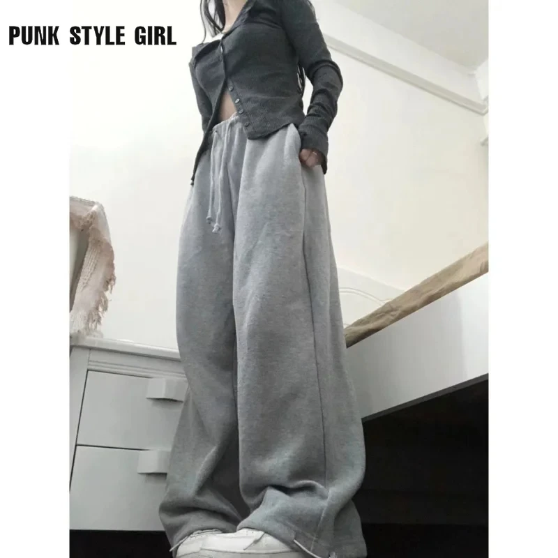 

2024 Loose Grey Sweatpants Korean Fashion Oversize Sports Pants for Women Wide Leg Casual Trousers Vintage Japanese Streetwear