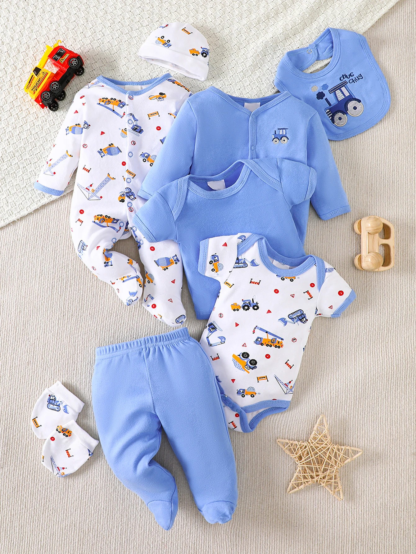 8-Piece Baby Romper Set | 100% Cotton, Soft & Breathable | Blue Cartoon Construction Vehicle Design | For 0-9 Months Infants