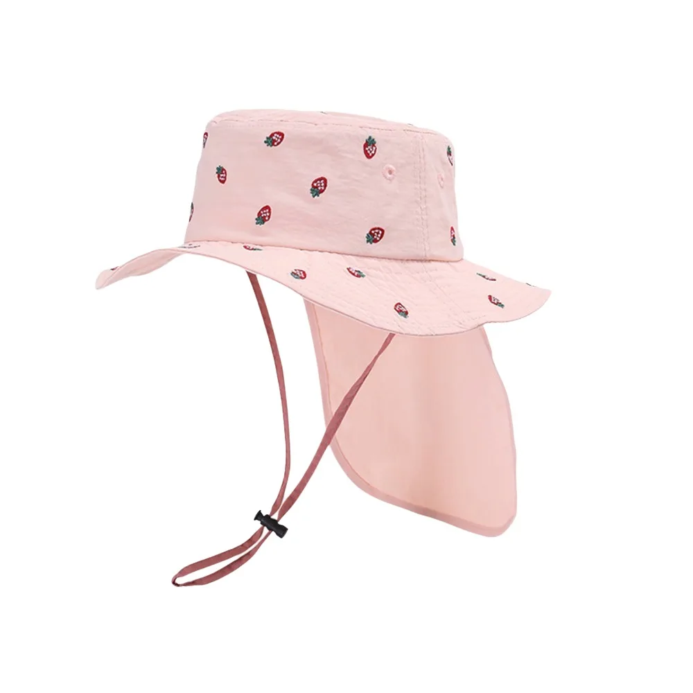 

Kawaii Children Panama Cap Cartoon Embroidery Neck Protection Broad Brim Bucket Hat Sunscreen Quick-dry Summer Fisherman Hat