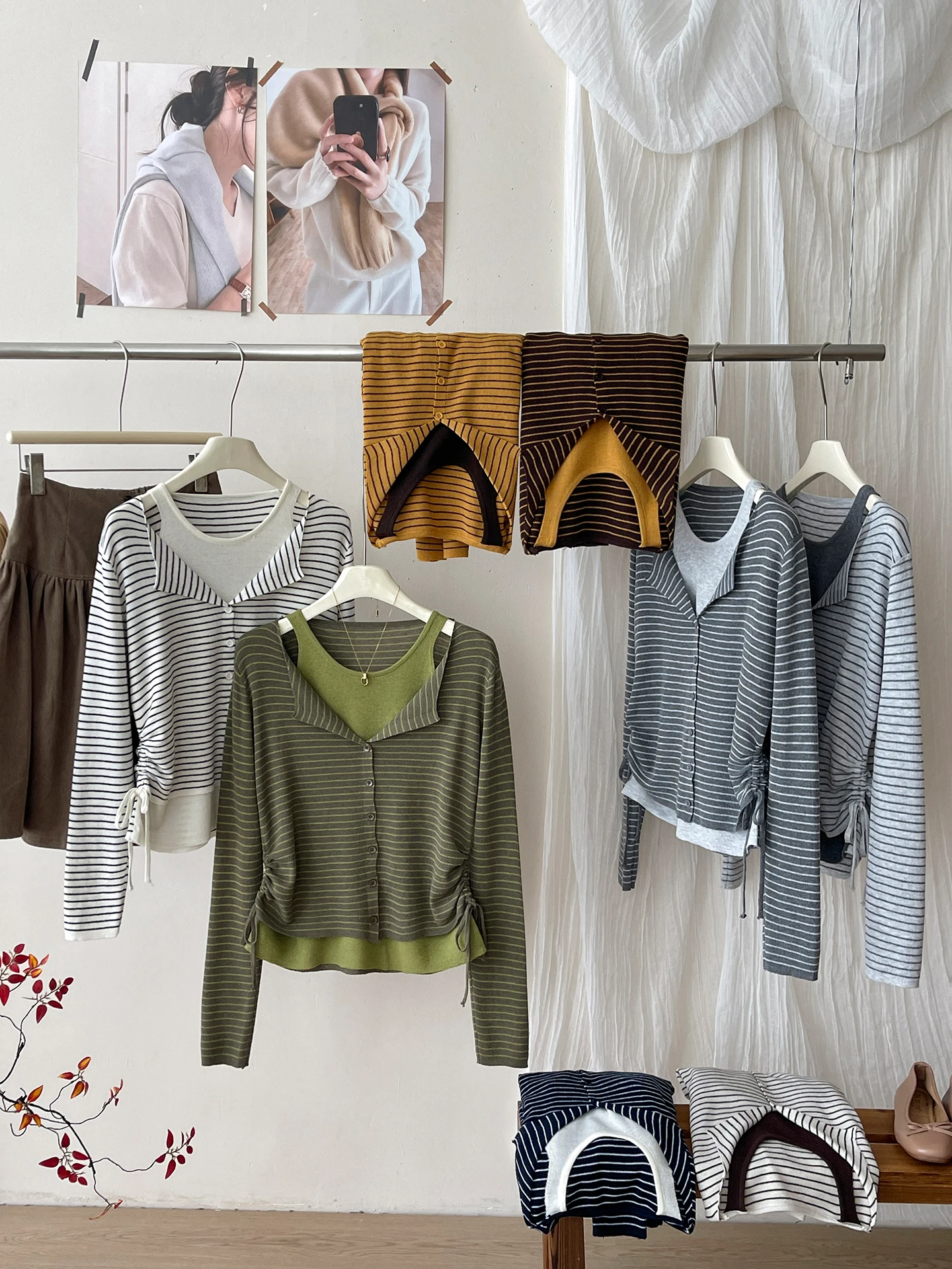 Color Block Knitted Vest Fake Two-Piece Striped Shoulder Bared Sweater Women Autumn Slimming Drawstring Waistcoat Top