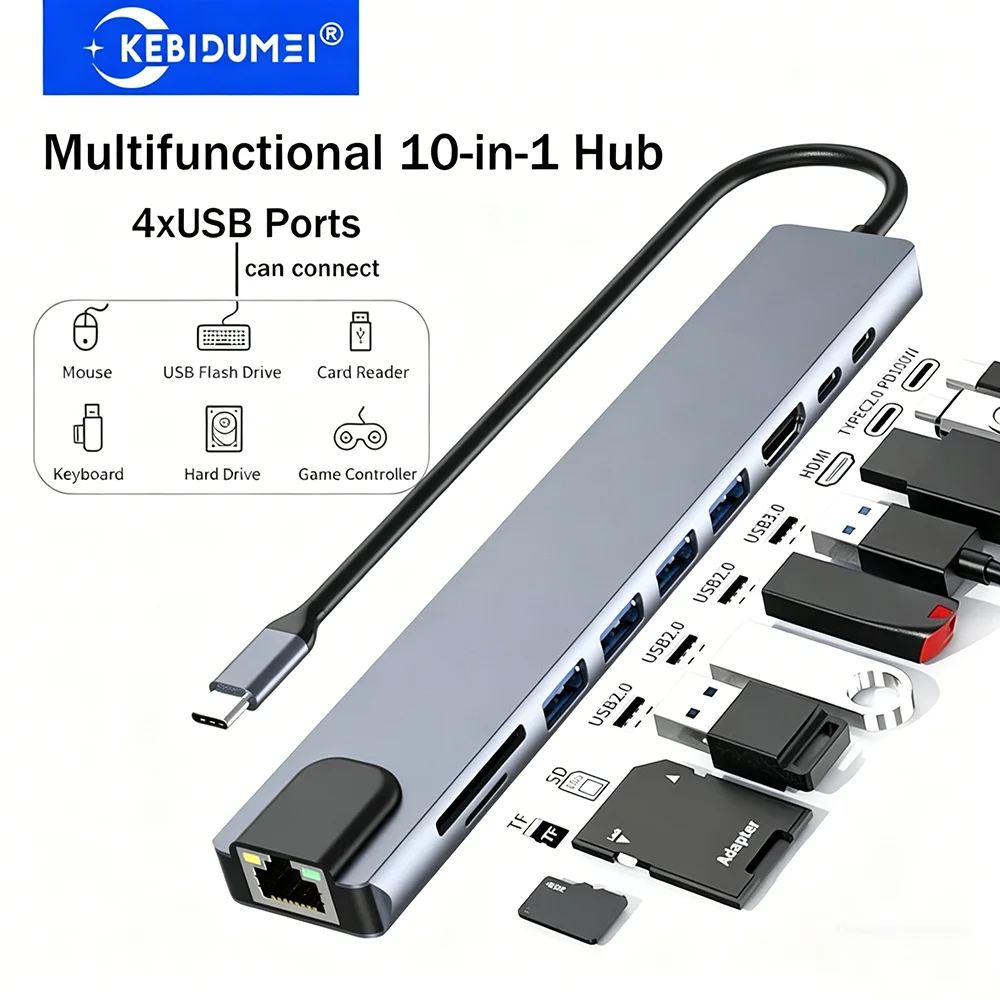 

KEBIDUMEI 10-in-1 USB C Docking Station 4xUSB Ports for Mouse Keyboard U Disk USB C to HDMI RJ45 Ethernet Adapter USB Splitter