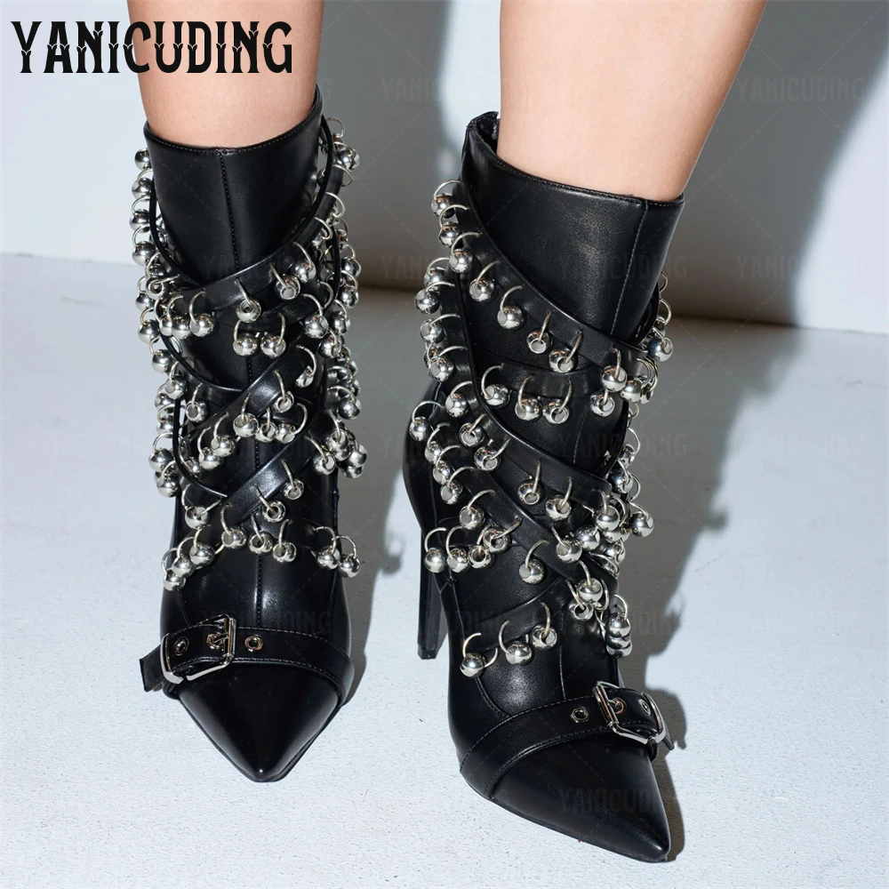 

Black Metallic Booties Silver Rings Stiletto Heel Ankle Boots Oversized Coordinating Beads Buckle Sharply Pointed Toe Booties