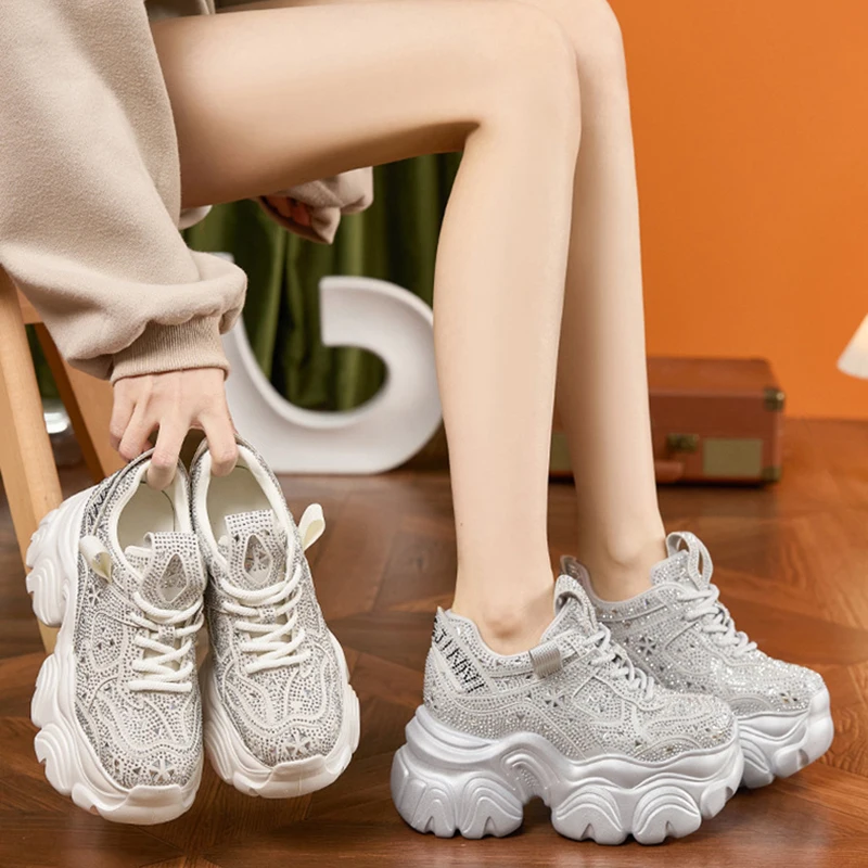Women's New Spring 11CM Thick-soled Shoes with Stars and Rhinestones All-match Casual Shoes Inner Height-increasing Women's Shoe