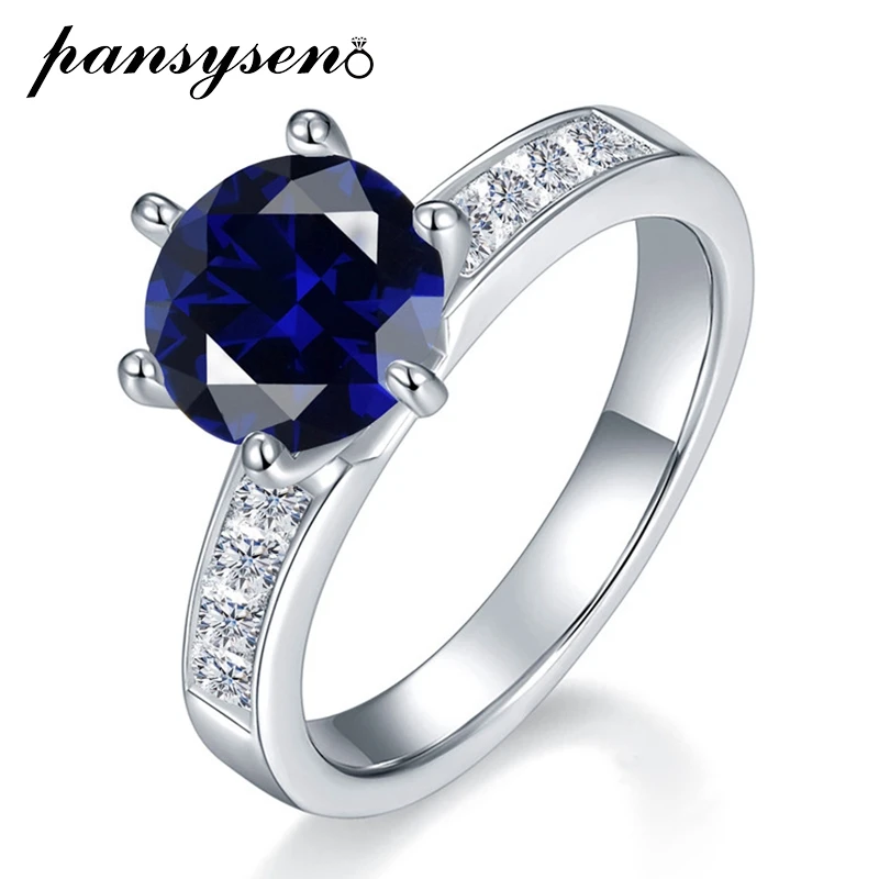 

PANSYSEN Trendy 925 Sterling Silver Round Cut 6.5MM Sapphire Ruby Emerald Ring Fine Jewelry Cocktail Party Gift for Women Men