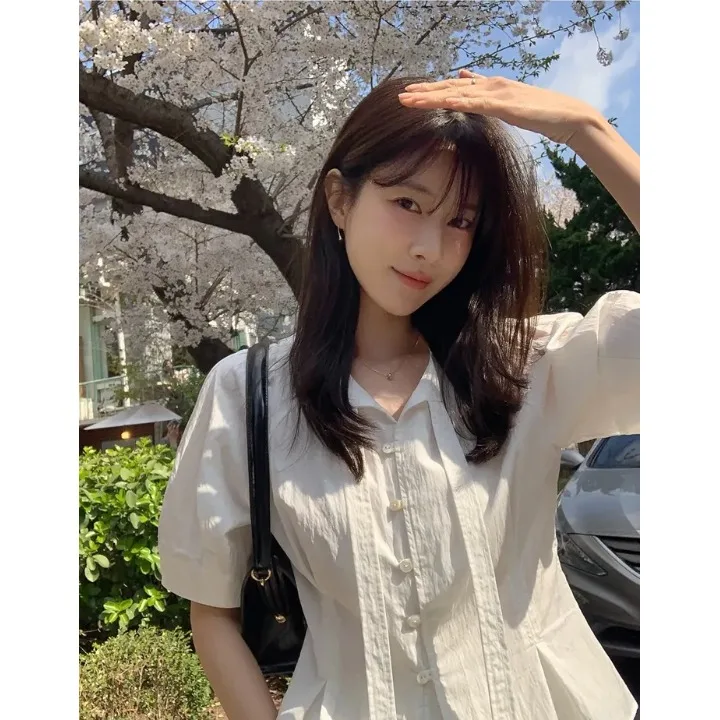 

Korean Style Belted Single Button Shirt Slim Fit Commute Style Short Sleeve Women's Casual Shirt Chinese Production