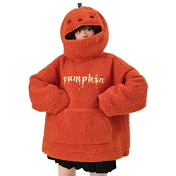 Women'S Halloween Plush Hoodies Fall Winter Fashion 2024 Pumpkin Head Cover Plush Kangaroo Pocket Holiday Sweatshirt Pullovers