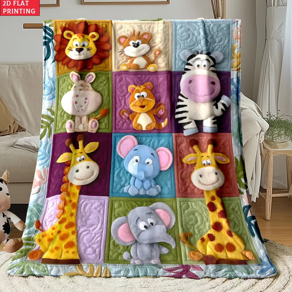 Fluffy Animal Patchwork Flannel Throw Blanket Nursery Decor Crib Bedding Cute Kids Bed Gift Seasonal Mosaic Lion Giraffe Elephan