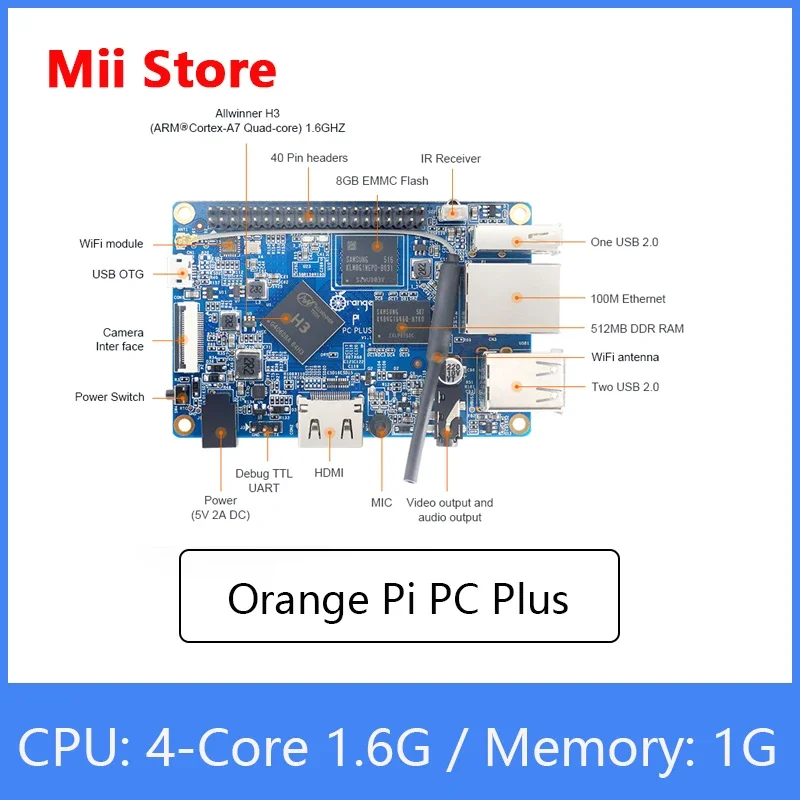 Orange Pi PC Plus Board RAM 1G с 8 ГБ Emmc Flash Мини-одиночная плата с открытым исходным кодом Поддержка порта Ethernet 100M/Wi-Fi